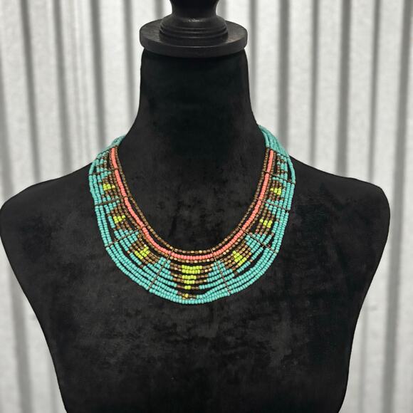 Boho Seed Bead Bib Necklace Multicolor Tribal Adjustable Statement Collar - Picture 4 of 12